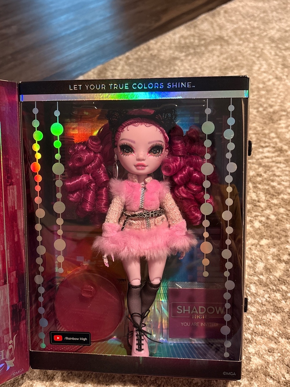 Rainbow Pink Furry Fashion Doll with Curly Magenta Hair